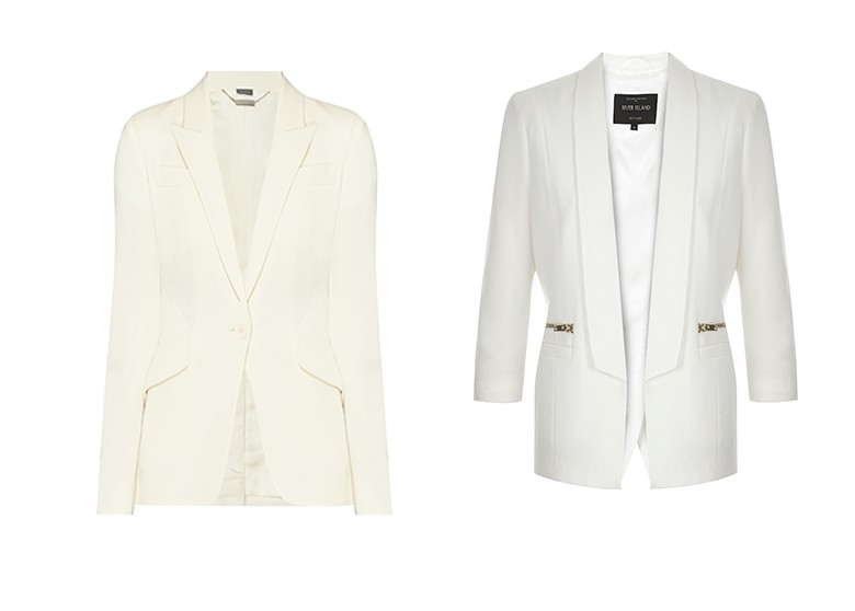 Left, Alexander McQueen Blazer, €1,345; Right, white blazer, River Island, €75