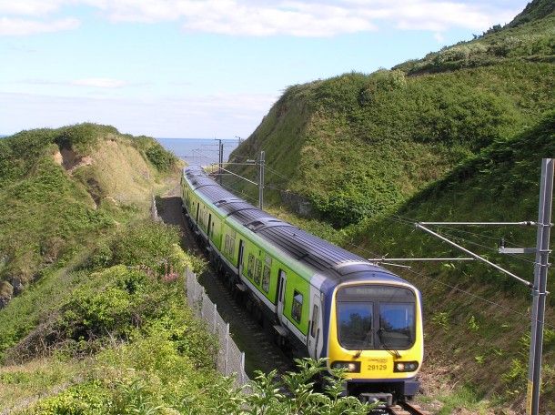 DART_train_approaching_Bray_from_Bray_Head_Wicklow_Ireland_2010