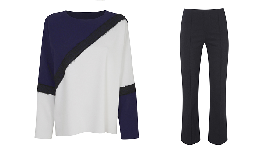 Top, €55, Topshop; Trousers, €25, Dorothy Perkins, 