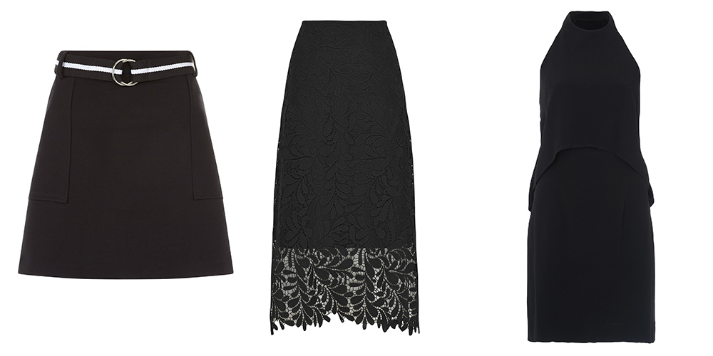 Mini skirt, €29.99, New Look; Lace skirt, x, M&S; Black dress, €179, French Connection 