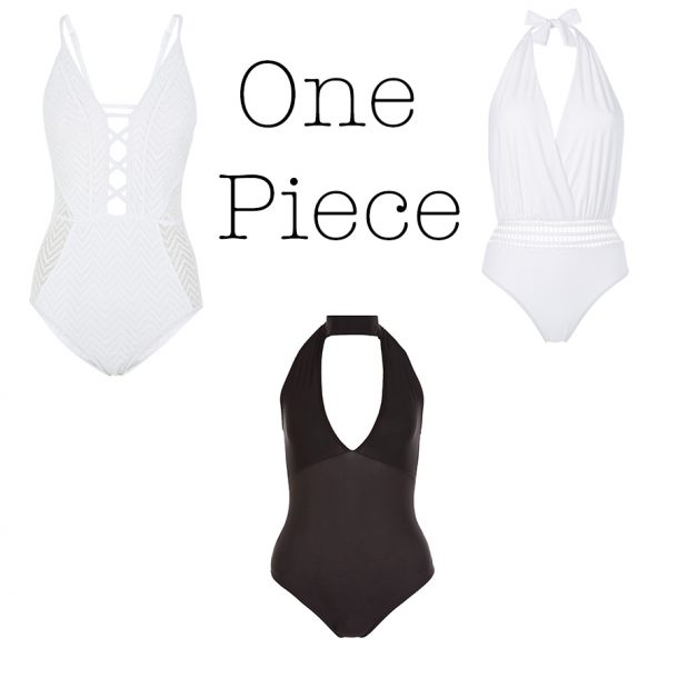 From top left: White swimsuit, €29.99, New Look; Black halter, €14.99, New Look; White halter, €14, Penneys