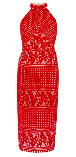 Red lace high neck midi bodycon dress