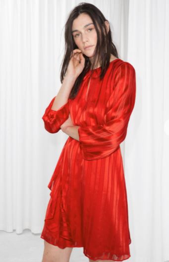 model wearing & other stories red satin mini dress