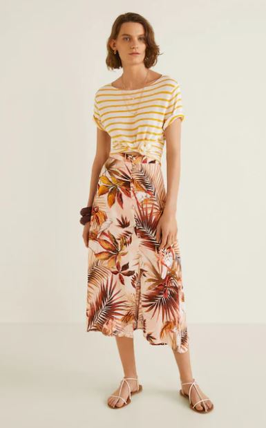 model wearing floral print skirt from mango