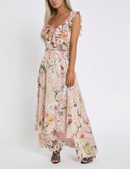 Petite pink floral frill wrap maxi dress