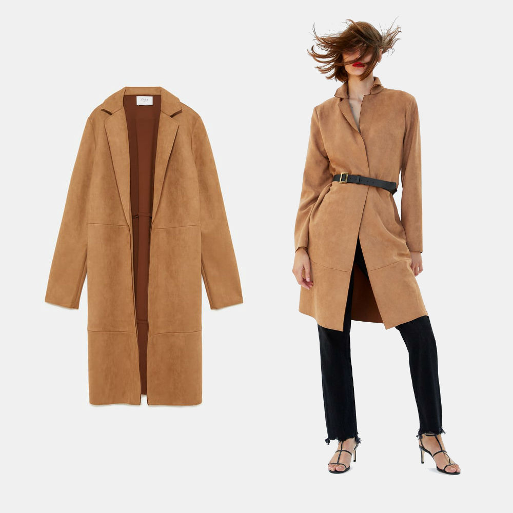 zara faux suede camel coat