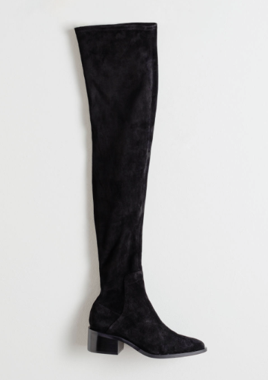 thigh high suede boots with little heel